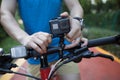 Cyclist mounting the action camera Royalty Free Stock Photo