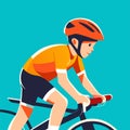 Cyclist in orange helmet riding bicycle on blue background, vector illustration AI generated