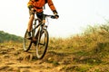 Cyclist in Orange Riding the Mountain Bike on the Autumn Rocky Trail. Extreme Sport and Enduro Biking Concept. Royalty Free Stock Photo