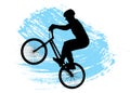 Cyclist performs stunt  front pull on bicycle. Silhouette of man and bike. Brush stroke. Vector illustration Royalty Free Stock Photo