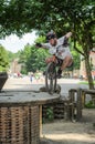 LVIV, UKRAINE - JUNE 2018: A cyclist performs tricks on a bicycle trial to overcome an obstacle course Royalty Free Stock Photo