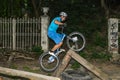 LVIV, UKRAINE - JUNE 2018: A cyclist performs tricks on a bicycle trial to overcome an obstacle course Royalty Free Stock Photo