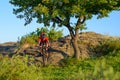 Cyclist in Red Jacket and Helmet Riding Mountain Bike Down Rocky Hill near Beautiful Green Tree. Adventure and Extreme Sport Conce Royalty Free Stock Photo