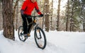 Cyclist in Red Riding Mountain Bike in Beautiful Winter Forest. Adventure, Sport and Enduro Cycling Concept. Royalty Free Stock Photo