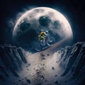 A cyclist rides a bicycle through the mountains in space. Generated AI. Royalty Free Stock Photo
