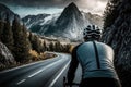 A cyclist rides a bike along the Alpine road. Generative ai Royalty Free Stock Photo