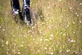 Cyclist rides through the field with wild flowers and yellow grass