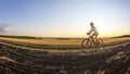 The cyclist rides a bike on the road near the field against the backdrop of the setting sun. Outdoor sports. Healthy lifestyle Royalty Free Stock Photo