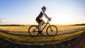 The cyclist rides a bike on the road near the field against the backdrop of the setting sun. Outdoor sports. Healthy lifestyle Royalty Free Stock Photo