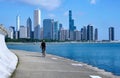 A cyclist rides on Chicago`s waterfront trail