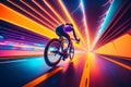 The cyclist rides on his bike at synthwave background. Neural network AI generated