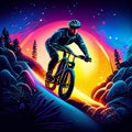 Cyclist rides a mountain bike through the mountains. Vector illustration. AI Generated