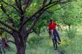 A cyclist rides on the rear wheel of a bicycle along a forest path. Active lifestyle, extreme