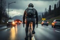 Cyclist rides on road carriageway, sharing path with passing cars