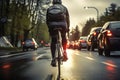 Cyclist rides on road carriageway, sharing path with passing cars