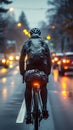 Cyclist rides on road carriageway, sharing path with passing cars