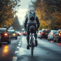 Cyclist rides on road carriageway, sharing path with passing cars