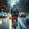 Cyclist rides on road carriageway, sharing path with passing cars