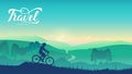 Cyclist rides on the trail in nature background. Summer morning nature illustration. Sport lifestyle of cyclists. Cycling tour