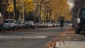 Cyclist riding along quiet Bergmannstrasse on a beautiful autumn fall day with golden yellow leafs alongside a cemetery