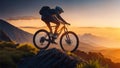 cyclist riding the bike on autumn rocky trail at sunset. extreme sport and enduro biking concept Royalty Free Stock Photo
