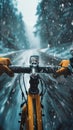 Cyclist Riding Bike Down Snow Covered Road Royalty Free Stock Photo