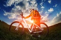 Cyclist riding bike on a nature trail in the mountains. Royalty Free Stock Photo