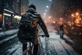 Cyclist riding through city streets at snowy winter day. Generative AI