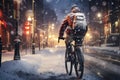 Cyclist riding through city streets at snowy winter day. Generative AI