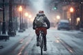 Cyclist riding through city streets at snowy winter day. Generative AI