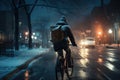 Cyclist riding through city streets at snowy winter day. Generative AI