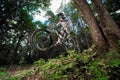 Cyclist riding in forest