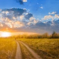 Cyclist riding ground road among prairie at the sunset Royalty Free Stock Photo