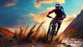 Cyclist Riding the Mountain Bike on the Rocky Trail at Sunset Royalty Free Stock Photo