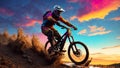 Cyclist Riding the Mountain Bike on the Rocky Trail at Sunset Royalty Free Stock Photo