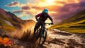 Cyclist Riding the Mountain Bike on the Rocky Trail at Sunset Royalty Free Stock Photo