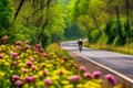 cyclist on a road bike rides on a country road on a sunny morning generative ai