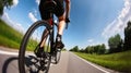 A cyclist on the road. Biker riding a bike on the way view from below on a background of blue summer sky, Generative AI