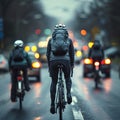 Cyclist on road carriageway, coexisting with the flow of cars