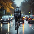 Cyclist on road carriageway, coexisting with the flow of cars