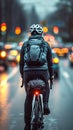 Cyclist on road carriageway, coexisting with the flow of cars