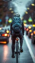 Cyclist on road carriageway, coexisting with the flow of cars