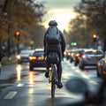 Cyclist road carriageway, shares space with passing cars