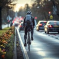 Cyclist road carriageway, shares space with passing cars