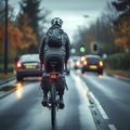 Cyclist road carriageway, shares space with passing cars