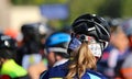 Cyclist safety helmet during the start of the cycling race Royalty Free Stock Photo