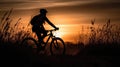 A Cyclist In Silhouette On A Sunset Background. Generative AI