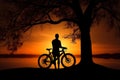 Cyclist silhuoette on sunset. Bicycle traveler summer outdoor. Generative AI