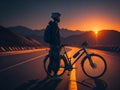 Cyclist stands confidently beside his bicycle on the tranquil road, basking in the golden glow of a beautiful evening sunset