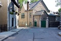Cyclist, stone building in Old Town Quebec City, Canada, summertime